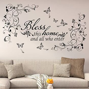 Living Room Wall Decals Stickers Bless This Home and All Who Enter Removable Vinyl Quotes Black Flowers Vine Wall Stickers Butterfly Wall Sticker Murals Peel and Stick Art for Home Decorations | The Storepaperoomates Retail Market - Fast Affordable Shopping
