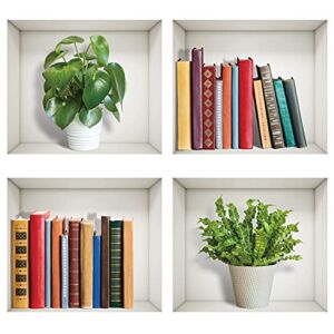 3D Plants Wall Decals Removable Wall Stickers 3D Books Green Plants Mural Wall Stickers Vinyl Wall Art Decor for Office Home Living Room Bedroom Wall Decoration (Set of 4, 12.5 x 11.2 Inch)