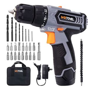 MXTOVEL 12V Cordless Drill/Driver Kit, 26pcs Drill Set with 2.0Ah Battery, 22+1 Torque Setting, 3/8” Keyless Chuck, 25N.m Torque, Charger and Storage Bag Included for Home Improvement & DIY Project
