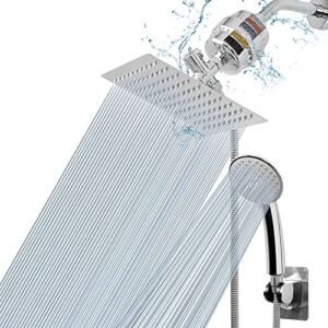 NearMoon Filtered Shower Head , High Pressure 8″Square Rain Shower Head and 5 settings Handheld Shower Filter Combo with Self-adhesive Holder/1.5M Hose -1 Replaceable Filter Cartridge (Chrome Finish)