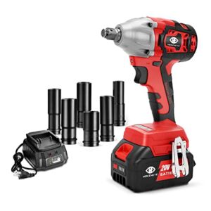 MOKENEYE 20V Cordless Brushless Impact Wrench with 4.0 Ah Battery, 300 Ft-lbs Torque, 3-Speed up to 2900 RPM, 6 Impact Sockets, 1/2 Inch Battery Powered Impact Wrench for Car Tires