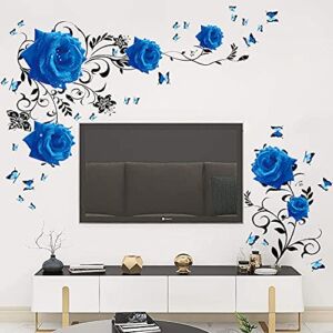 Supzone Blue Rose Wall Stickers Rose Flower Vine Wall Decal Blue Peony Floral Wall Decor DIY Vinyl Mural Art for Bedroom Living Room Sofa Backdrop TV Wall Decoration