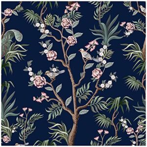 HaokHome 93094 Peel and Stick Wallpaper Floral Forest Navy/Green/Pink Removable Bedroom Wall Decorations 17.7in x 118in