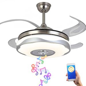 CYZVQP Retractable Ceiling Fan with Light and Remote Control Modern Ceiling Fan with Invisible Blades and Bluetooth Speaker 7 Color Change Lighting and 3 Speeds Wind, 42 Inch (Silver)