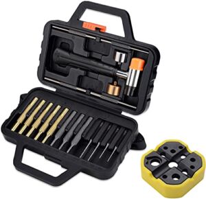 Pridefend Punch Set with Bench Block, Punch Set Including Roll Flat Pin Punch Set and Magnetic Bench Block, Hammer with Detachable Heads and Punch Set