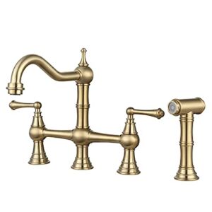 WOWOW Brass Kitchen Faucet Bridge with Side Sprayer, 4 Hole Kitchen Faucet 2 Handle 8 Inch Centerset Gold Faucet for Kitchen Sinks, Heritage Brushed Gold Kitchen Sink Faucet