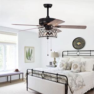 52-Inch Crystal Ceiling Fan with Light and Remote Control, 5 Wooden Fan Blades, Cage Rustic Chandelier with Black Crystal Lampshade and Pull Chains Control