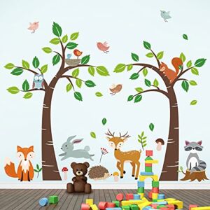 decalmile Woodland Animals Trees Wall Decals Deer Fox Owl Wall Stickers Kids Bedroom Baby Nursery Wall Decor