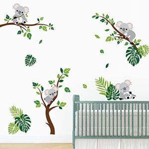 decalmile Koala and Tree Branch Wall Decals Tropical Palm Leaves Wall Stickers Baby Nursery Children Bedroom Wall Decor