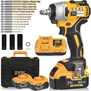 UVOL Cordless Impact Wrench with toolbox, 1/2 Inch Chuck, Brushless Motor Battery Power Drill/Driver with 3 Sockets & 13 Driver Bits, Power Impact Wrench with 2 Batteries & Charger, 21V/4.0Ah (BX8501)
