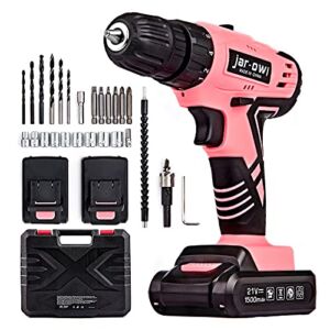 jar-owl 21V Pink Tool Set with Drill, Power Cordless Dril Driver Home Tool Set with 3/8 Inch Keyless Chuck,1.5AH 2PCS Battery and Charger for Lady’s Home Repairing Tool Kit