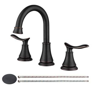 2-Handle 8 inch Widespread Bathroom Sink Faucet Oil Rubbed Bronze Lavatory Faucet 3 Hole 360° Swivel Spout Vanity Sink Basin Faucets with Pop Up Drain Assembly and cUPC Water Supply Hoses