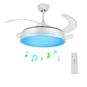 Retractable Ceiling Fan with Lights and Bluetooth Speaker, 24W 36” Color Changing kids Ceiling Fan Invisible Blades Chandelier Ceiling Fan Dimmable lights with Remote Control for Kids Room Bedroom