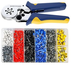 Ferrule Crimping Tool Kit,Haisstronica Self-Adjusting Hexagonal Wire Crimper Plier for AWG 23-10 with 1200PCS Red Copper Wire End Terminals,Ratchet Wire Crimping Tool-Wire End Ferrules