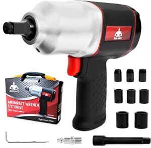 Jack Boss 1/2-Inch Drive Air Impact Wrench 664 ft-lbs Powerful Torque Pneumatic Impact Wrench Twin Hammers with 8 Sockets &Case