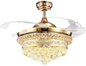 CNCEST Gold 42″ Crystal Invisible Ceiling Fan LED Light Lamp Chandelier Retractable w/Remote