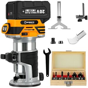 WORKSITE Brushless Lithium Ion Cordless Compact Router, 20V MAX Fixed Base Wood Router Tool Kit for Slotting Trimming Carving