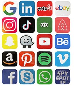 Spy Spot Set of 19 Social Media Video Travel Messaging Business Music Stickers Decals Water Resistant UV Resistant 3.35″ x 3.35″
