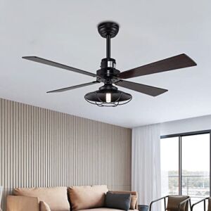 Black Ceiling Fan with Light and Remote Control, 52 inch Industrial Ceiling Fans with 4 Wooden Blades, Modern Ceiling Fan for Living Room/Dining Room