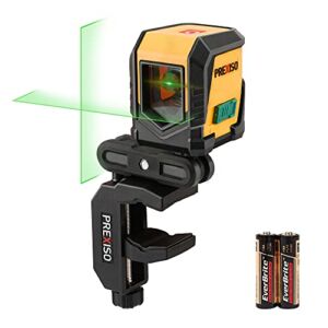 PREXISO 65FT Laser Level Self-Leveling Cross-Line/ Horizontal/ Vertical Green Beam, with Rotatable Mount Clamp, LED Indicator for Hanging Pictures, 2 AA Batteries (360°Clamp& LED Indicator)
