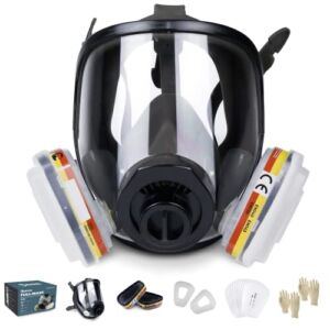 Full Face Respirator Gas Mask RHINO RH-7011 for Organic Vapor, Chemical, Dust, Painting (+ Acid Gas) Including Replacement Filters and Protection Gloves