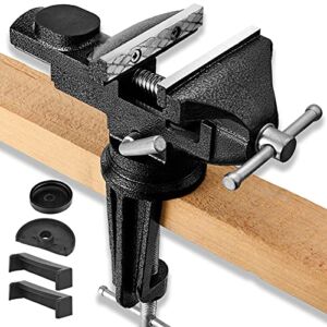 3.2″ Table Vise Universal, 360° Swivel Bench Vise Portable Home Vice Clamp-On Vise for Woodworking, Cutting Conduit, Drilling, Metalworking