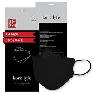 [10 PCS] 25% LARGER KF94 Face Mask – X-LARGE BLACK – [Made in Korea] – In 5 PCS Reclosable Package – Breathable Premium Quality – [Package in English]