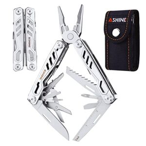 ASHINE Multitool with Pocket Clip Knife Scissors, 17-in-1 EDC Multi-tool Pliers with Safety Lock Unlock Button Rounded Handles & Sheath for Men Camping Fishing
