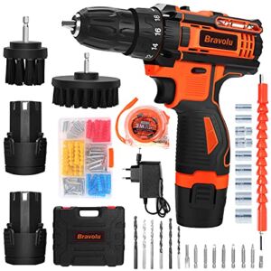 Cordless Drill with 2 Batteries, Bravolu Electric Drill Set 12.6V Max 28 Nm (250 in-lb) Torque, 18+3 Clutch, 3/8″ Keyless Chuck, Built-in LED, 2-Variable Speed Compact Drill Driver