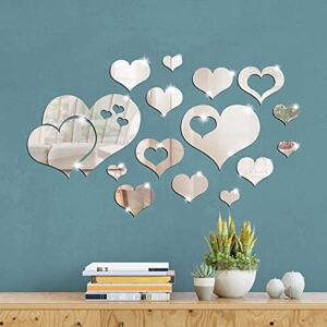 17 Pieces Heart Mirror Wall Decal 3D Acrylic Heart Mirrors Wall Decor Removable Heart Art Wall Sticker for Living Room Bedroom Home Decoration