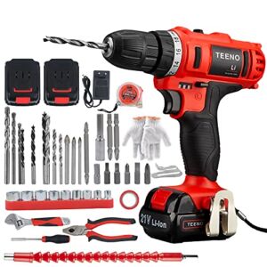 TEENO Cordless Drill Driver, 21V 1.5Ah Max Lithium-Ion Battery Drill Driver Kit with 2 Variable Speeds, 35pcs Accessories, 3/8″Chuck Capacity, 40 Max Torque, Built-in LED (Two Battery and One Charger)