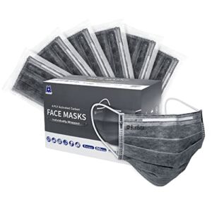 4-PLY BlueEagle Individually Wrapped Disposable Adult Face Masks | Fit for Large Face | with Activated Carbon Filter | For Men and Women | Black Color – 50 Pcs (Charcoal Black)