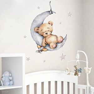 Teddy Bear Sleeping on The Moon and Stars Wall Stickers for Kids Baby Room Interior Decoration Wall Decals (Teddy Bear)