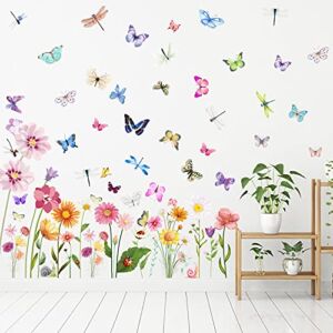 80 Pieces Flowers Butterflies Wall Decals Chrysanthemums Dragonflies Rose Botanical Wall Stickers Fairy Decals PVC Removable Wall Art Decals for Girls Bedroom Nursery Classroom Decor (Cute Style)