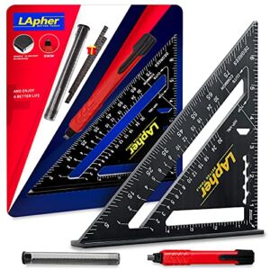 LApher 7″ Imperial Units Anodic Aluminum Oxide(AAO) Triangle Rafter Square Angle Ruler Carpenter Protractor, Measuring Layout Tool with A Woodworking Pencil