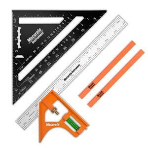 Mecurate Rafter Square Set, 7 Inch Aluminum Alloy Triangle Square and Stainless Steel 12 Inch Carpenter Square with 2 PCS Pencils for Woodworking…