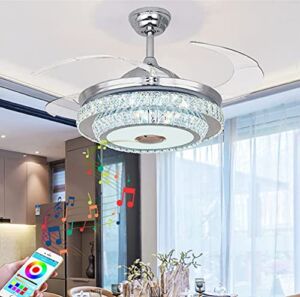 Angry Pryo FANRYO 42 Inch Crystal Ceiling Fan with Light and Bluetooth Speaker, 7 Color Change Music Player 3 Speed Retractable Chandelier Remote,Fans Lighting Fandelier for Bedroom Living Room