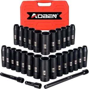 AOBEN 1/2-Inch Drive Impact Socket Set, 29 Pieces, 6 Point, SAE/Metric, (3/8″ – 1″, 10mm – 24mm), Deep, Cr-V Steel, Includes 3″, 5″, 10″ Extension bars