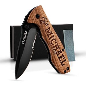 Gifts for Men, Personalized Engraved Oak Wood Pocket Knife – 36 Icons, 20 Stylish Font – Custom Knives