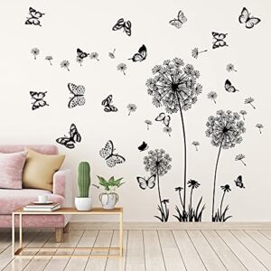 Lincia Giant Dandelion Wall Decal Stickers Butterflies Wall Decals Flying Flowers Butterflies Wall Decal Stickers Removable Mural Wall Art Modern Waterproof for Living Room Bedroom Home Decor, Black