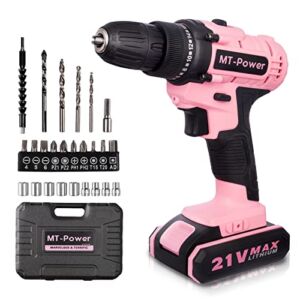 MT-Power Drill Set, Pink Cordless Drill, Electric Drill with Drill Bits and Work Gloves, Power Drill Tool Set, Pink Drill Set for Women