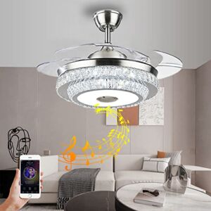 HNDDS 42″ Bluetooth Chandelier Ceiling Fan with Lights Luxury Crystal Fandelier Ceiling Fan with Retractable Blade,Smart Music Player Fan with 7 Lighting Color