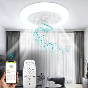 TC-HOMENY Ceiling Fan with Light LED Bluetooth Speaker Invisible Blades Low Profile 22 Inch/ 57cm Flush Mount Close to Ceiling