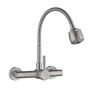 Wall Mount Faucet with Sprayer 7.6-8.4 Inch Center, Commercial Kitchen Sink Faucet, Brushed Nickle Stainless Steel Sink Mixer Tap, Laundry Utility Faucets with Pull Down Sprayer, NSF Lead-Free