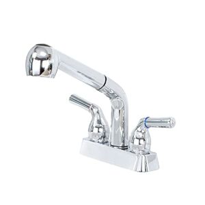 JS Jackson Supplies Dual Handle Pull Out Faucet, Chrome Finish, 4 Inch Center Set, Universal Utility Sink or Laundry Tub ABS Plastic Faucet with Spray Setting