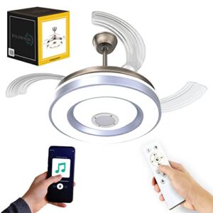 WILDWINDS 42″ Retractable Ceiling Fan With Bluetooth Music Player Speakers | 3 Dimmable LED Lights With Adjustable Speed & Remote Voice Control | Perfect For Bedroom, Living Room & Kitchen