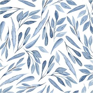 UniGoos Watercolor Leaf Peel and Stick Wallpaper Blue Breezy Vinyl Removable Contact Paper Abstract Branch Leaves Self-Adhesive Wall Paper Roll for Cabinet Living Room DIY Decor 17.7″ x118.1″