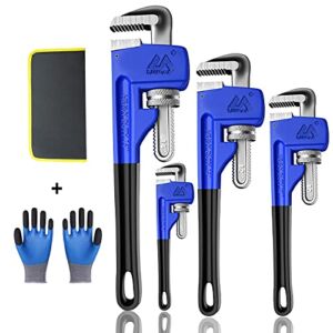 180° | 4-Piece Heavy Duty Pipe Wrench Set With Work Gloves| Malleable Cast Plastic Handle, Exceed GGG standard| Heat Treated Adjustable 8″,10″,12″,14″ |Soft Grip Plumbing Wrench Set with Storage Bag