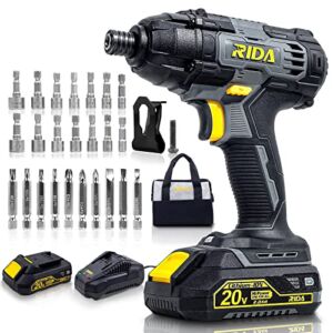 Impact Driver Kit, 180Nm(1600In-Lbs) 20V Cordless Impact Drill Driver Set 1/4″ All-Metal Hex Chuck 0-2800RPM Variable Speed, 2.0Ah Li-ion Battery & 1H Fast Charger, 25 Pcs Driver Bits and Tool Bag