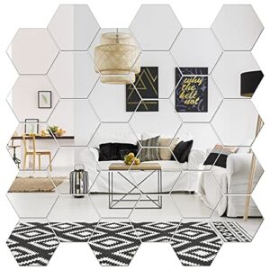 Removable Large Size Acrylic Hexagon Mirror Wall Sticker,Self-Adhesive Tiles, 3D Hexagonal, Non-Glass, for Home Bedroom Living Room Decor (Sliver30 Pcs)